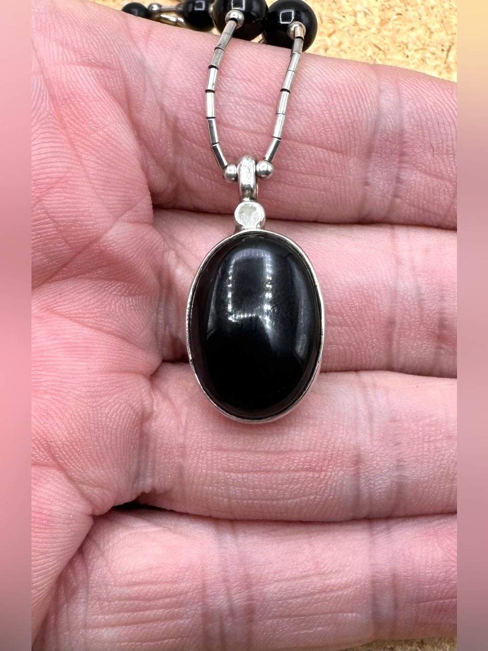 Two Navajo Native American Sterling Liquid Silver Black Onyx Beaded Necklaces - Picture 3 of 4